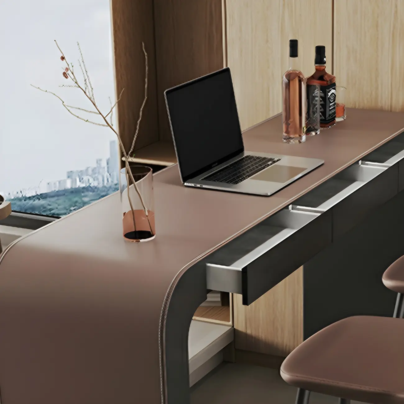 Modern Brown Leather Wooden Curved Bar Tables with 3 Drawers Image - 7 | homeyfad