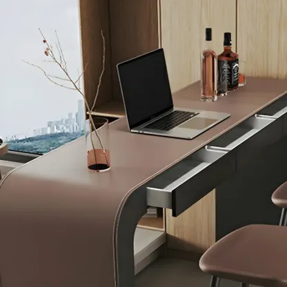 Modern Brown Leather Wooden Curved Bar Tables with 3 Drawers Image - 7