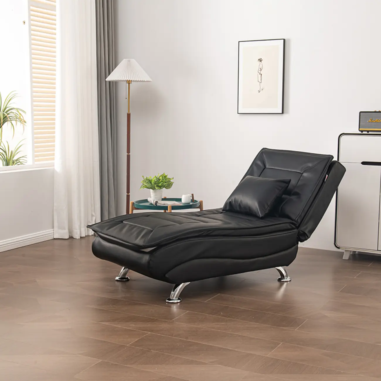 Minimalist Black Faux Leather Reclining Armless Chaise Lounge Image - 1 | homeyfad