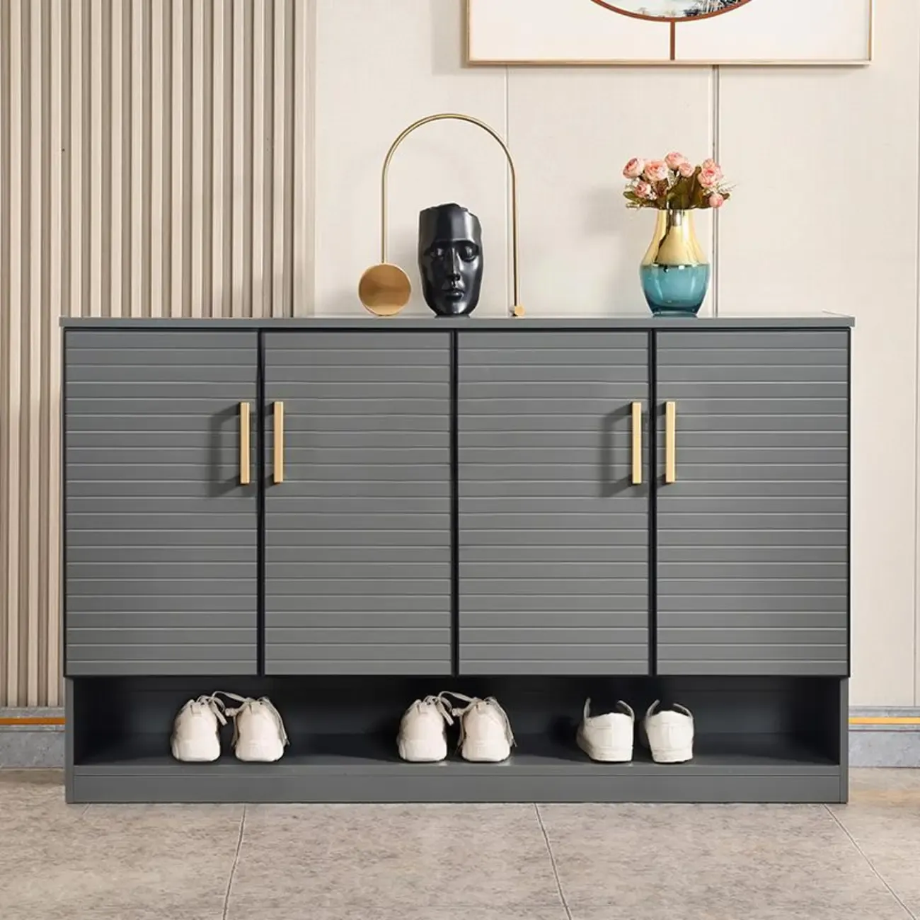 Metal Grey Shoe Cabinet with Open Bottom Shelf Image - 1