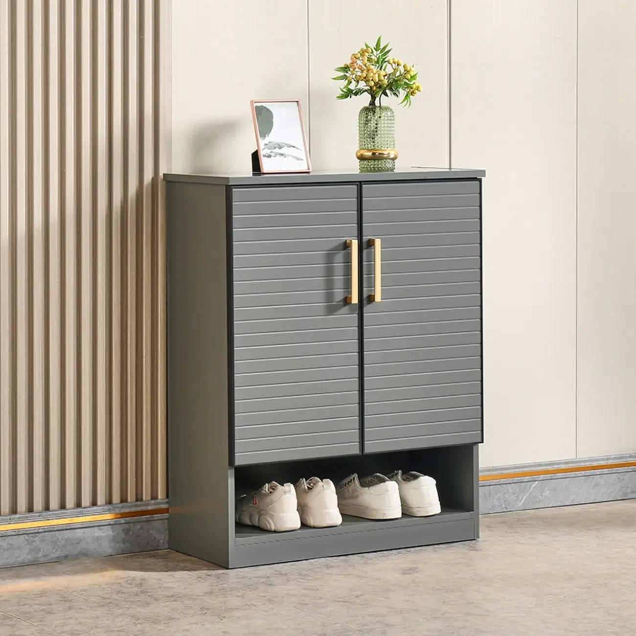 Metal Grey Shoe Cabinet with Open Bottom Shelf Image - 3 | homeyfad