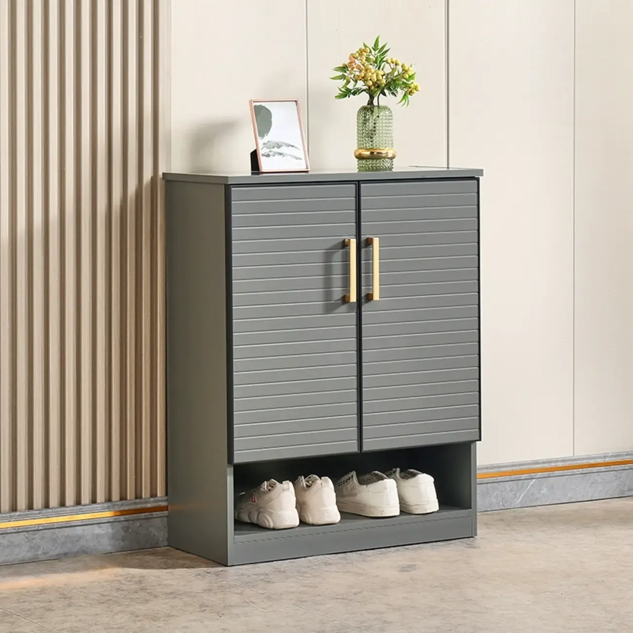 Metal Grey Shoe Cabinet with Open Bottom Shelf Image - 3