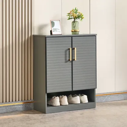 Metal Grey Shoe Cabinet with Open Bottom Shelf Image - 3