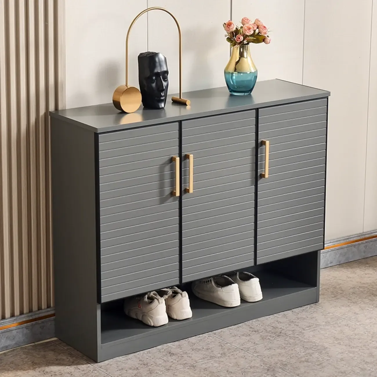 Metal Grey Shoe Cabinet with Open Bottom Shelf Image - 2