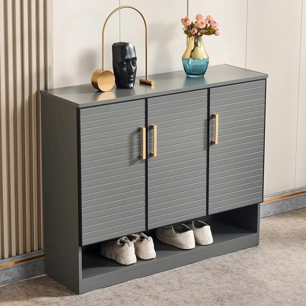 Metal Grey Shoe Cabinet with Open Bottom Shelf Image - 4 | homeyfad