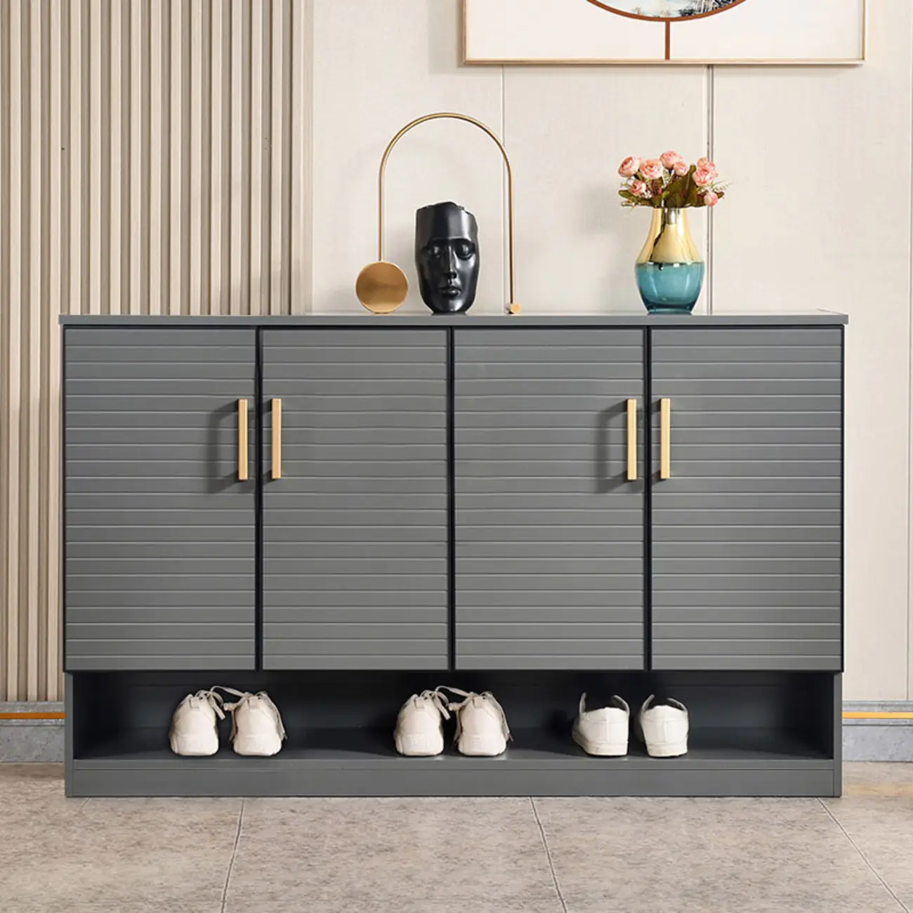 Metal Grey Shoe Cabinet with Open Bottom Shelf Image - 5 | homeyfad