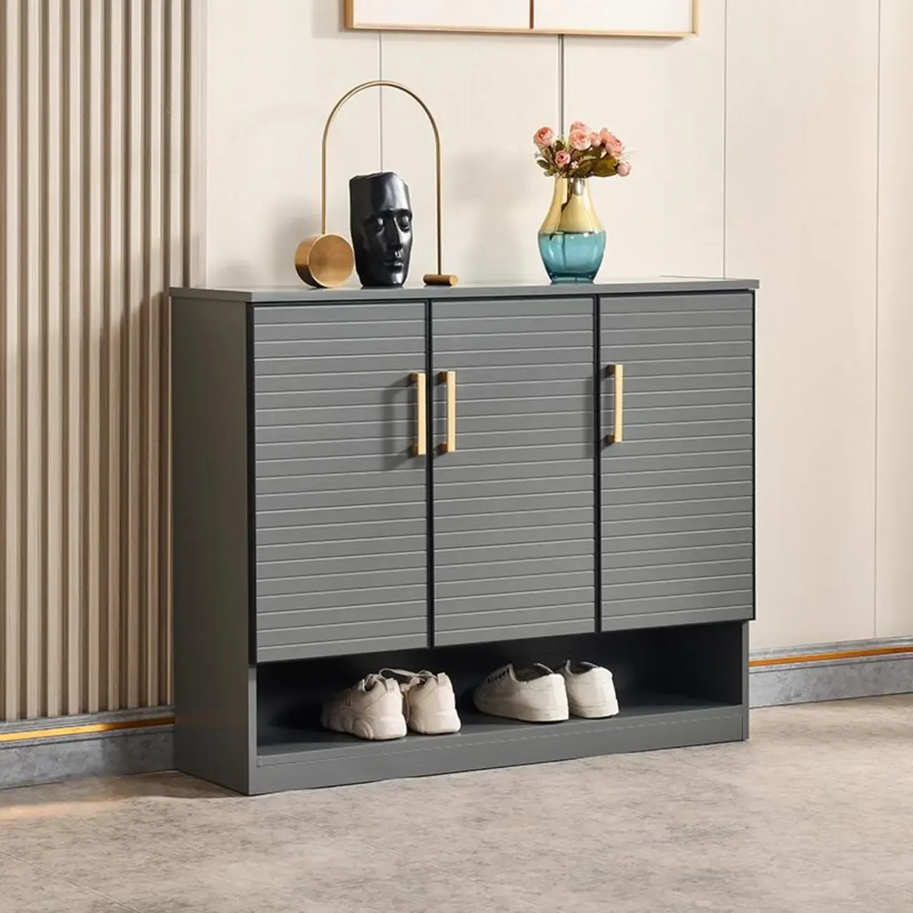 Metal Grey Shoe Cabinet with Open Bottom Shelf Image - 6