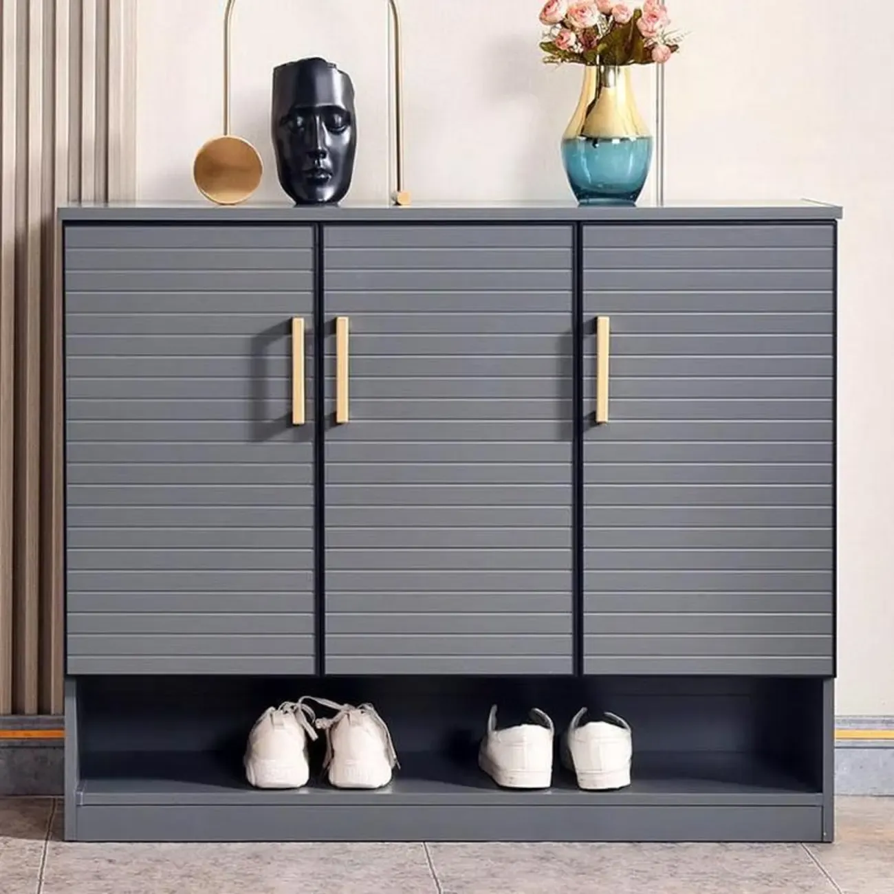 Metal Grey Shoe Cabinet with Open Bottom Shelf Image - 7