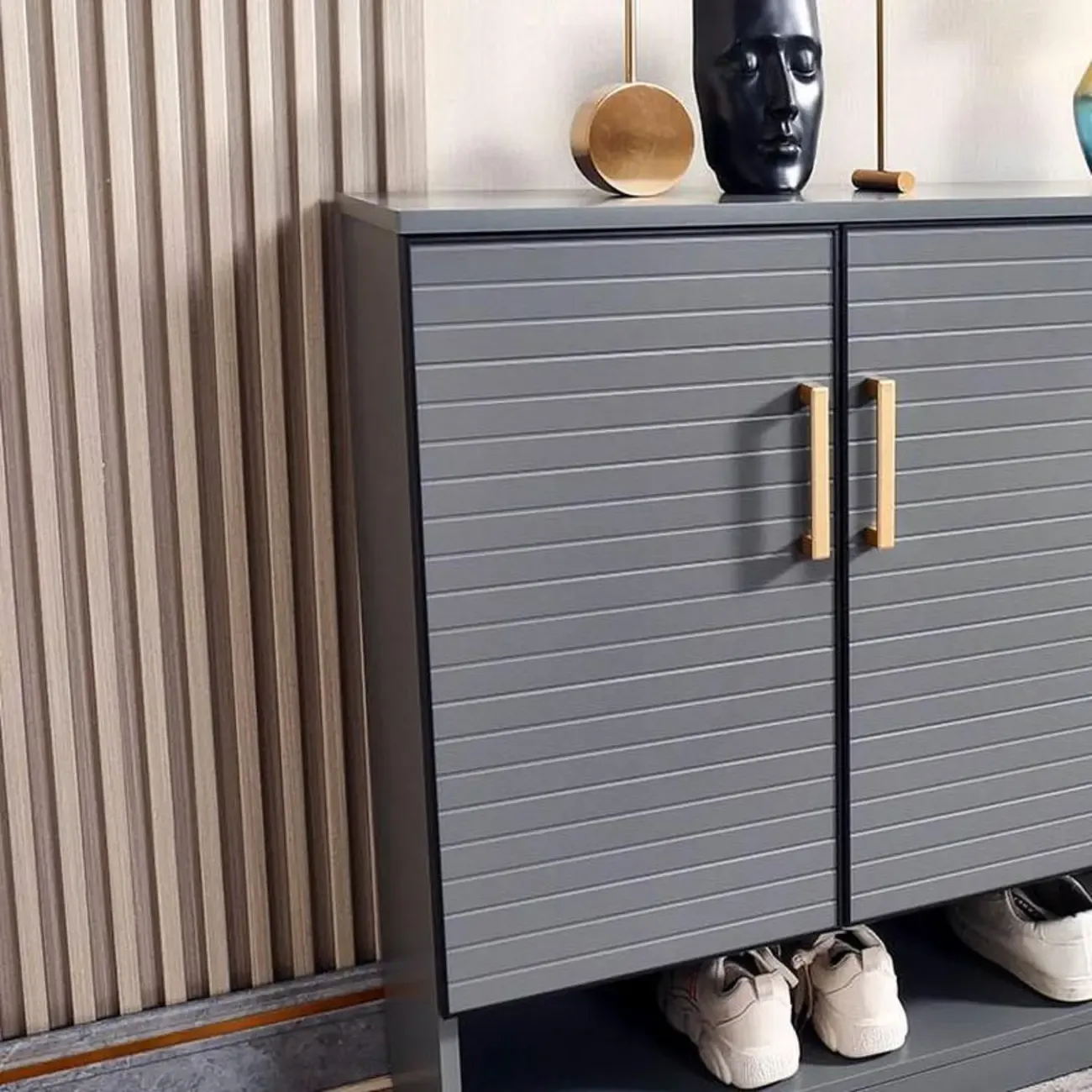 Metal Grey Shoe Cabinet with Open Bottom Shelf Image - 9