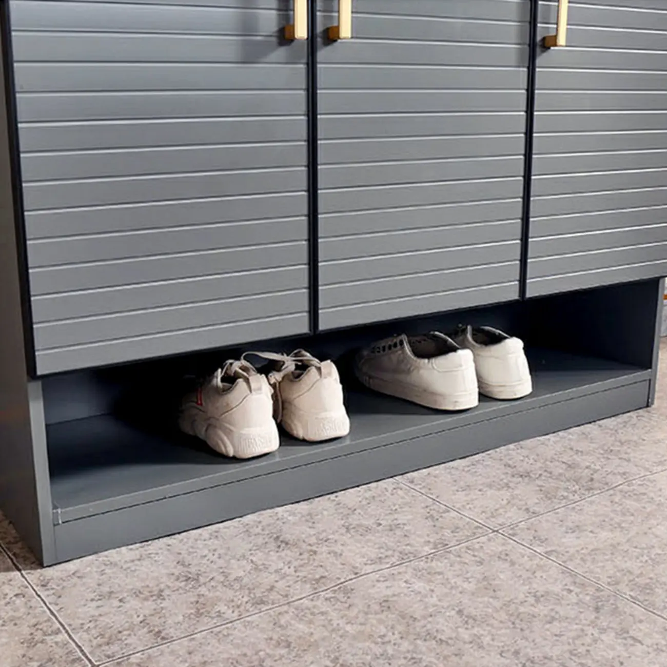 Metal Grey Shoe Cabinet with Open Bottom Shelf Image - 10 | homeyfad