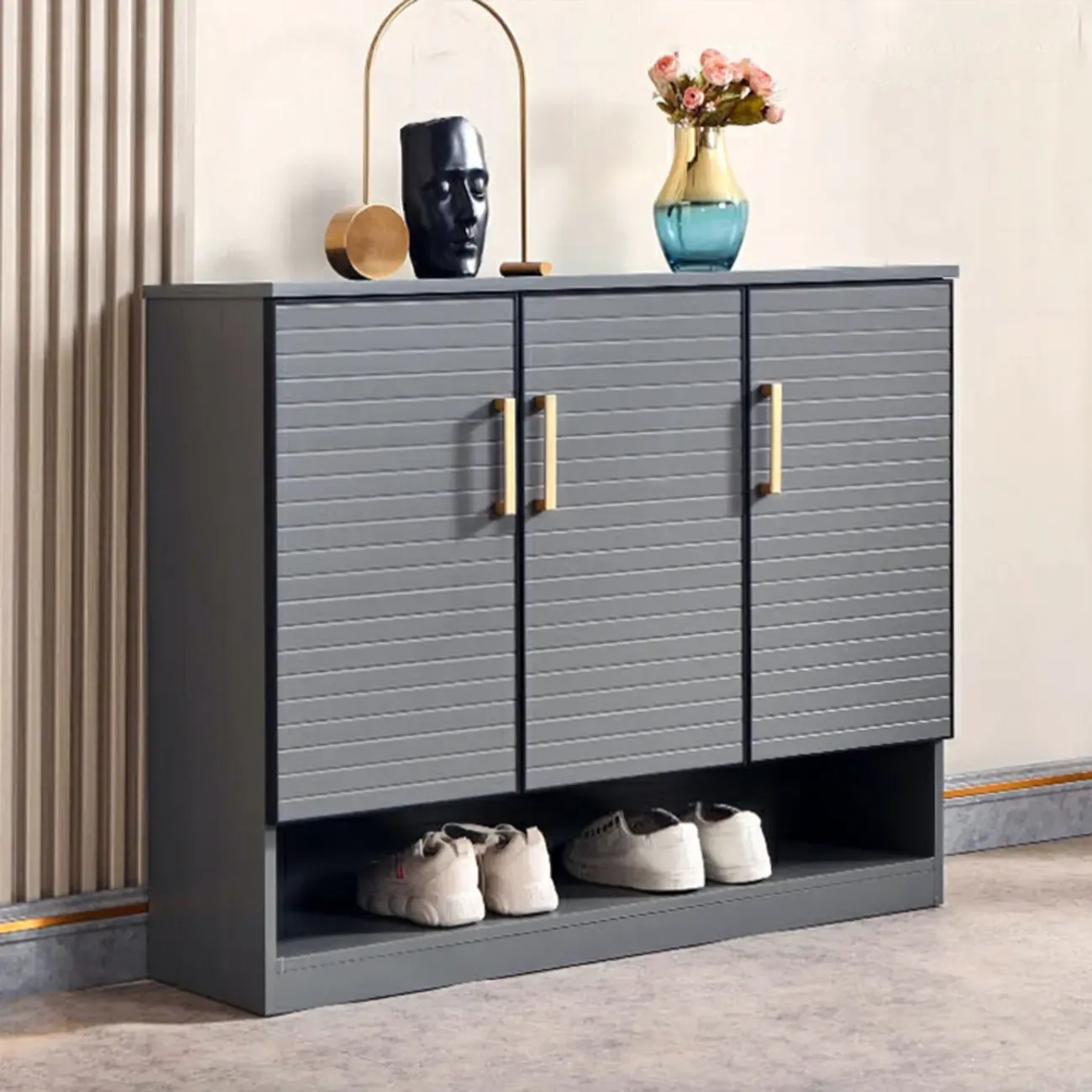 Metal Grey Shoe Cabinet with Open Bottom Shelf Image - 14