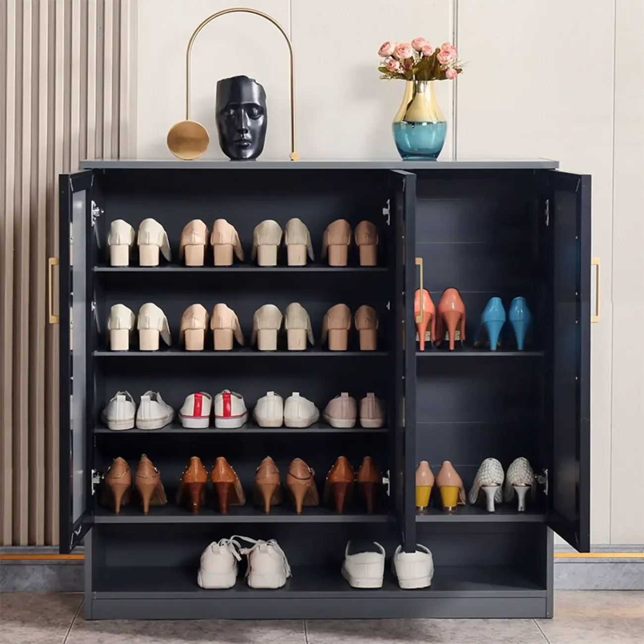 Metal Grey Shoe Cabinet with Open Bottom Shelf Image - 15