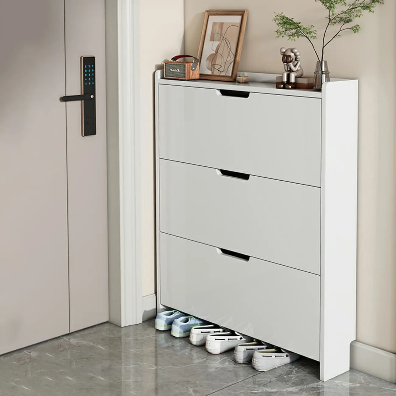 3-Tier White Wood Shoe Cabinet with Drop Front Image - 3 | homeyfad