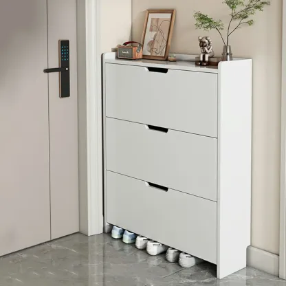 3-Tier White Wood Shoe Cabinet with Drop Front Image - 4
