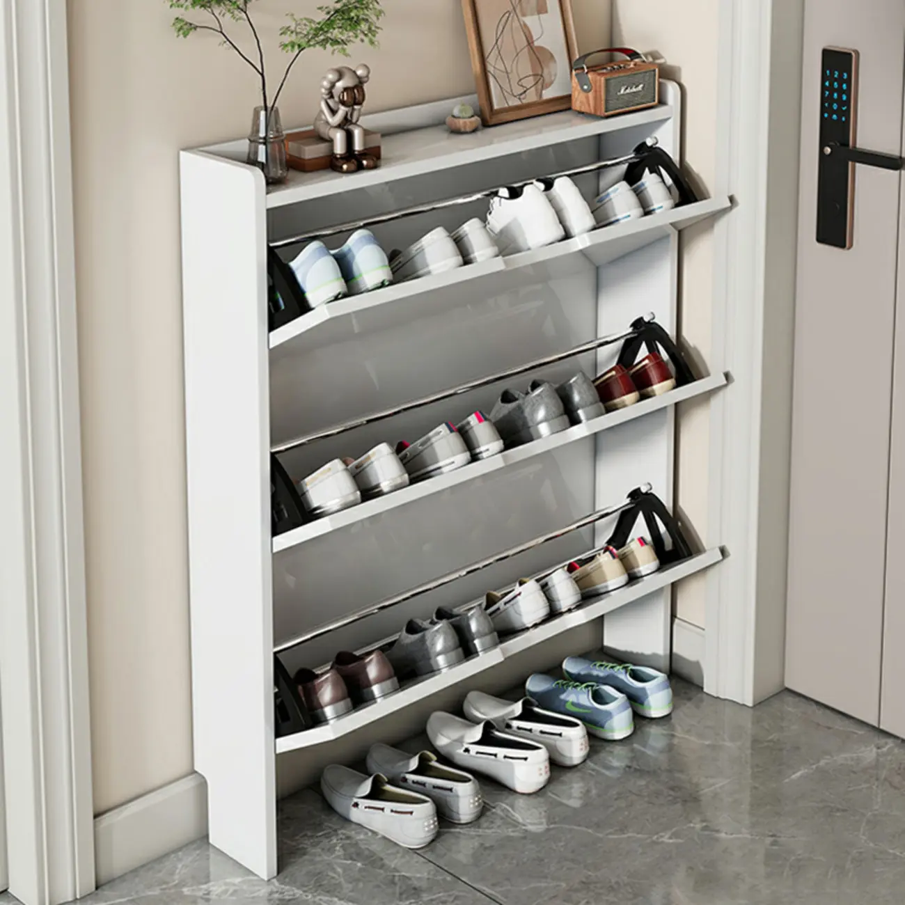 3-Tier White Wood Shoe Cabinet with Drop Front Image - 2 | homeyfad