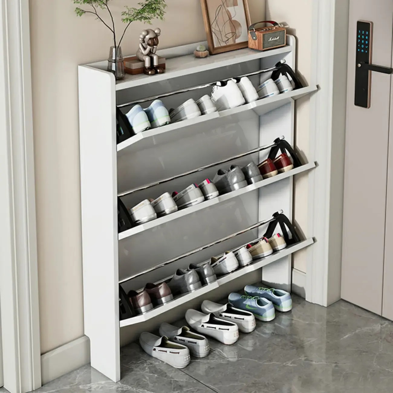 3-Tier White Wood Shoe Cabinet with Drop Front Image - 2