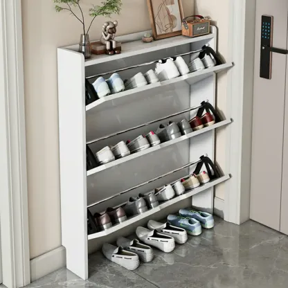 3-Tier White Wood Shoe Cabinet with Drop Front Image - 2