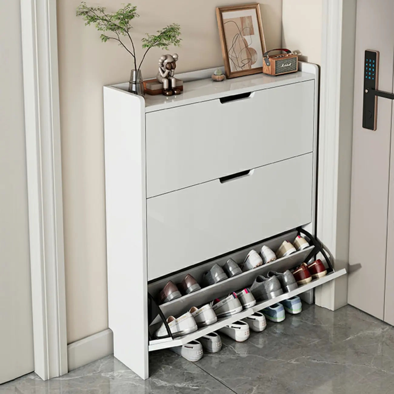 3-Tier White Wood Shoe Cabinet with Drop Front Image - 5 | homeyfad