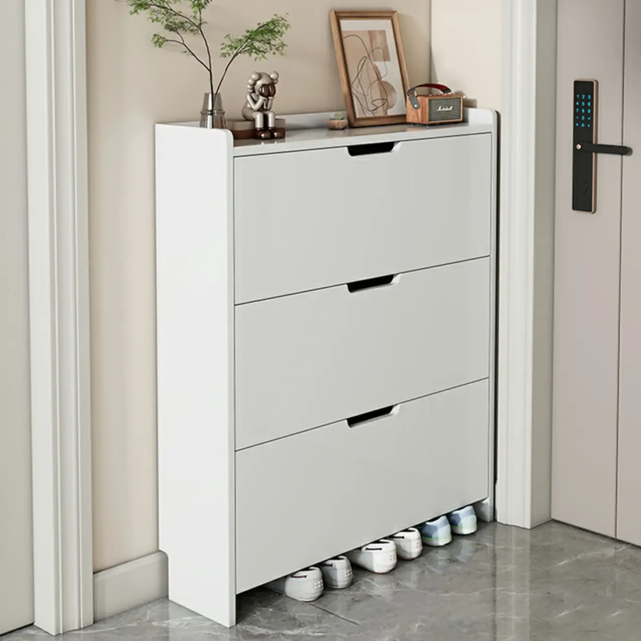 3-Tier White Wood Shoe Cabinet with Drop Front Image - 6