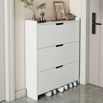 3-Tier White Wood Shoe Cabinet with Drop Front Image - 6