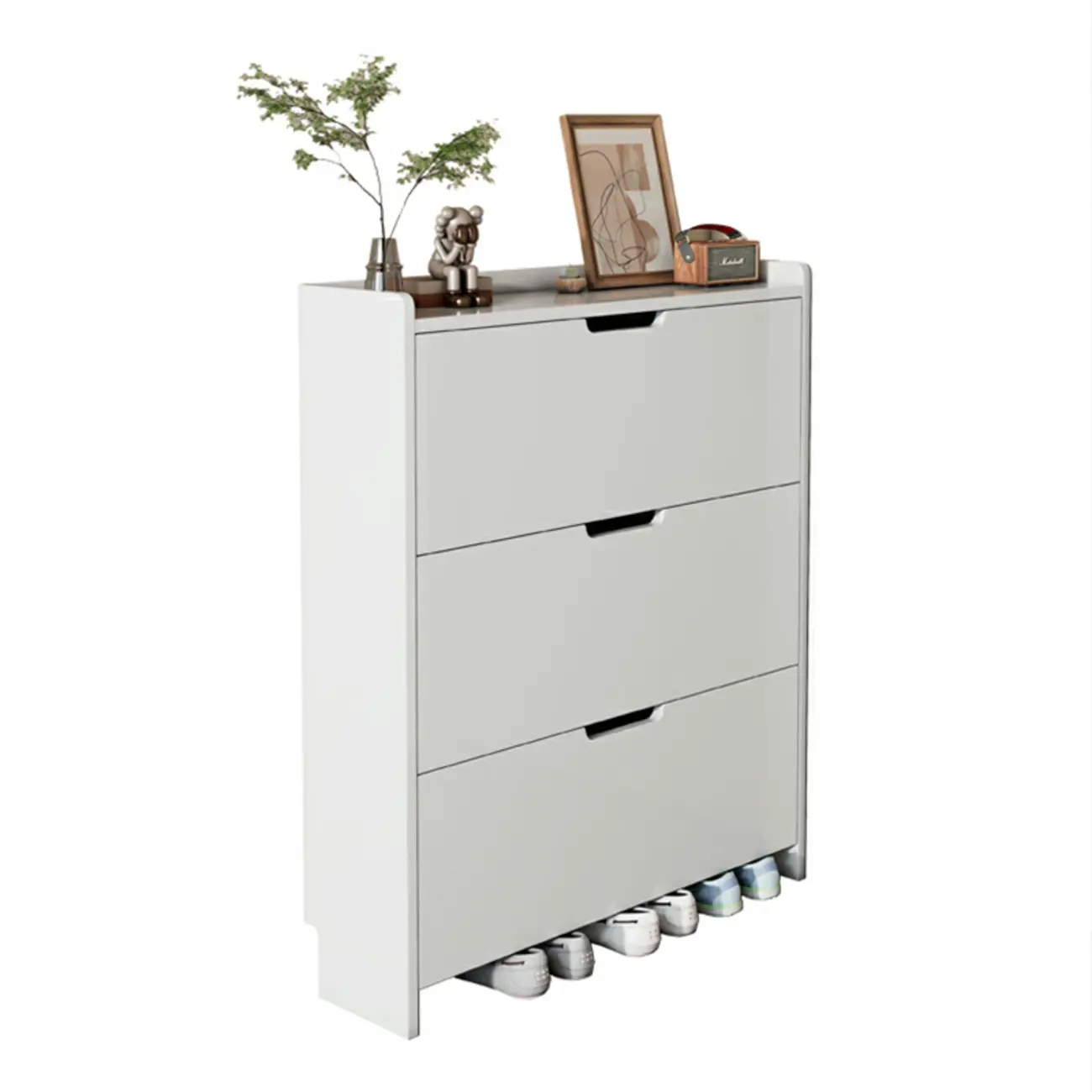 3-Tier White Wood Shoe Cabinet with Drop Front Image - 13 | homeyfad