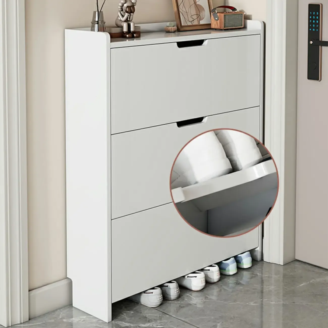 3-Tier White Wood Shoe Cabinet with Drop Front Image - 8