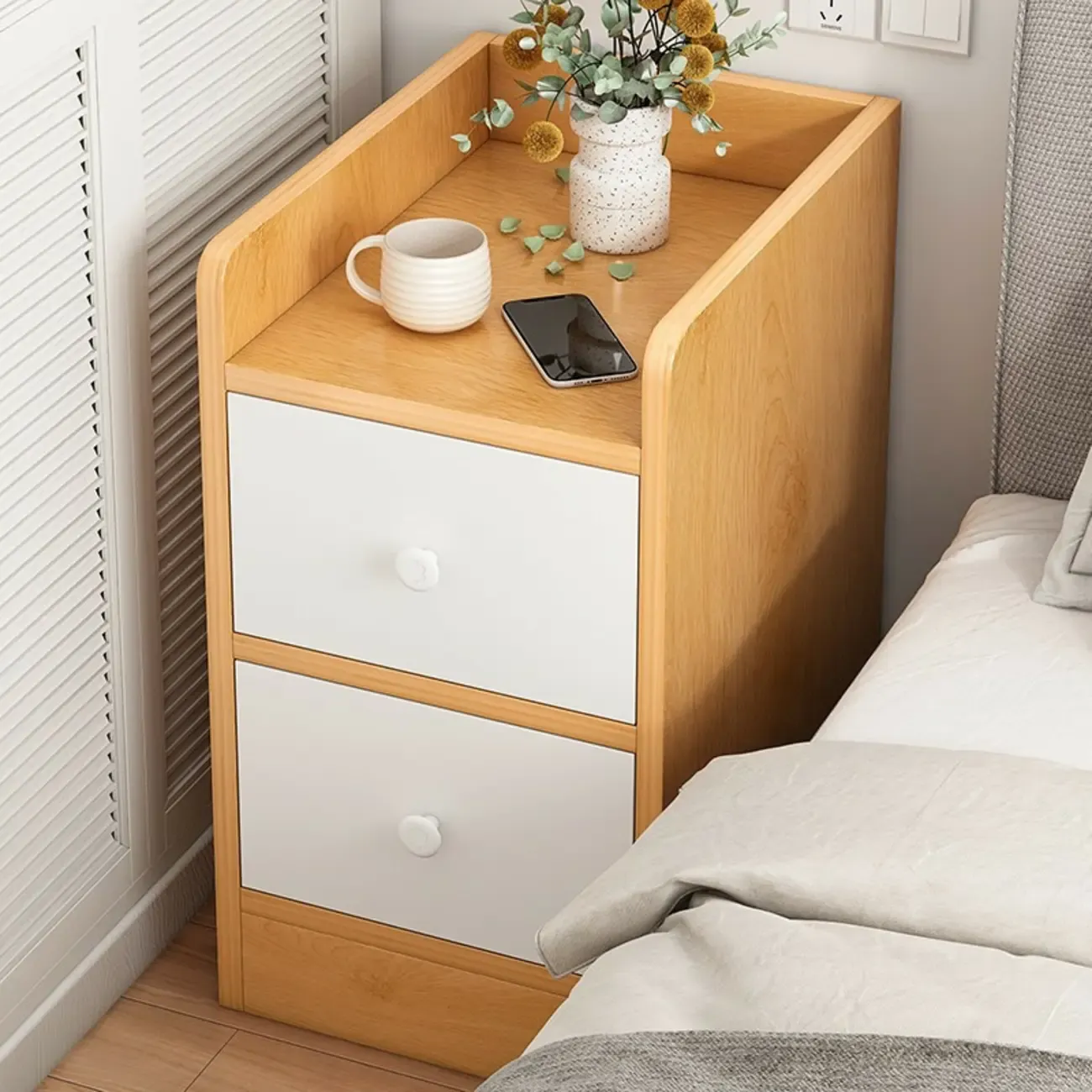 Scandinavian Wooden Bedside Table Two-Drawers Nightstand Image - 9