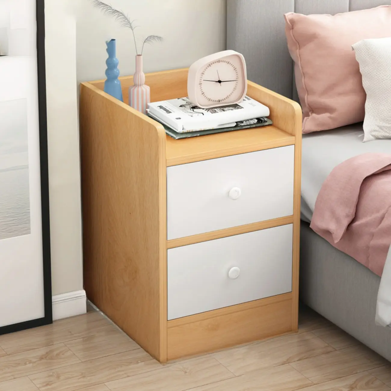 Scandinavian Wooden Bedside Table Two-Drawers Nightstand Image - 4 | homeyfad