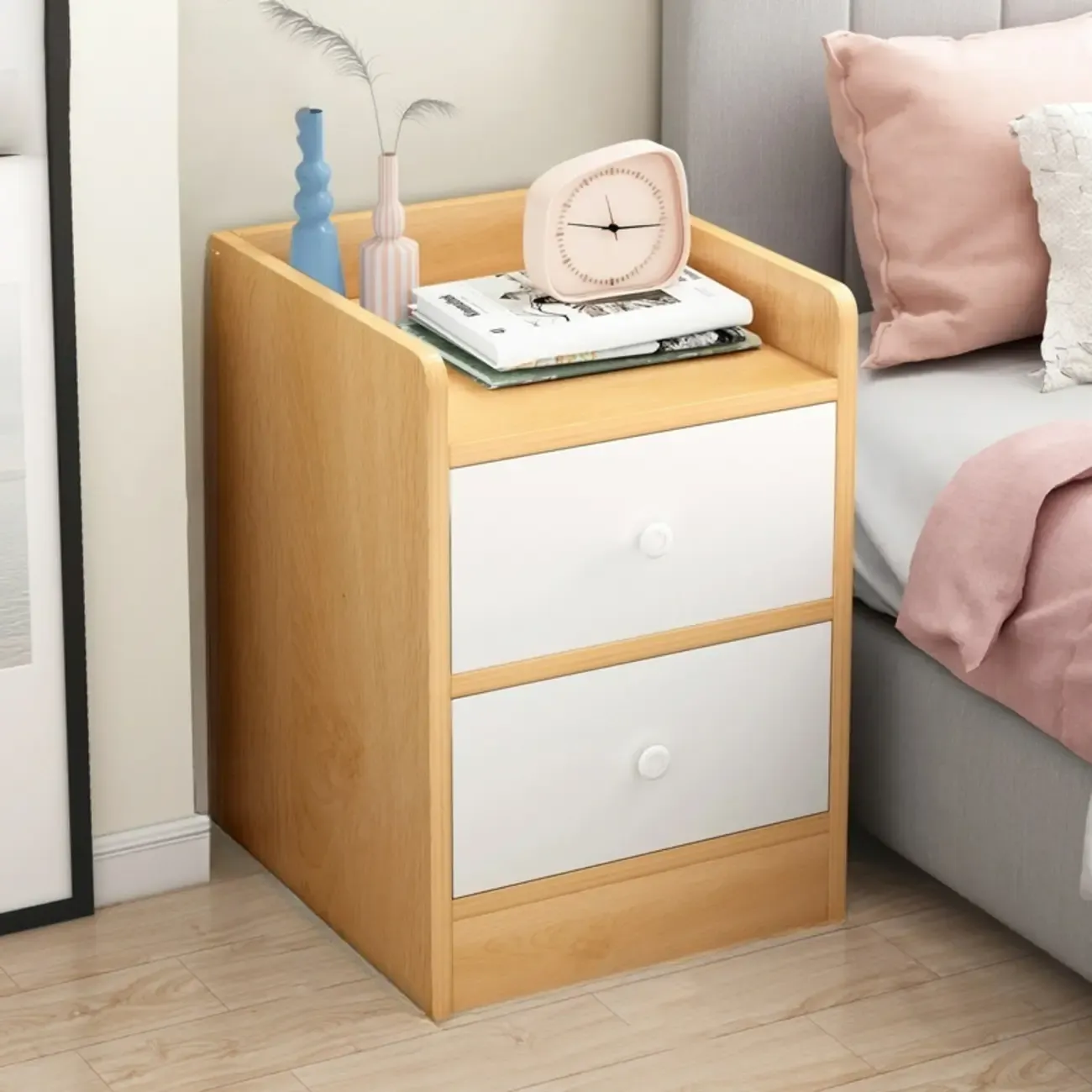 Scandinavian Wooden Bedside Table Two-Drawers Nightstand Image - 6