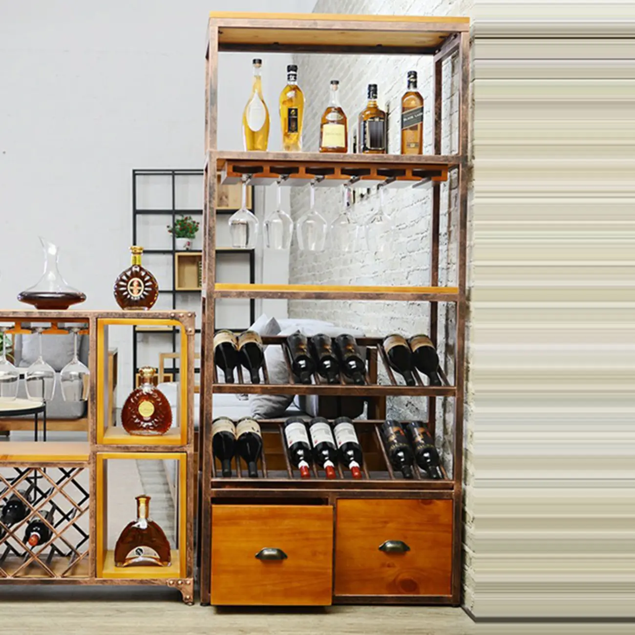 Industrial Metal Wine Rack Floor Design for Bottles & Glasses Image - 3 | homeyfad