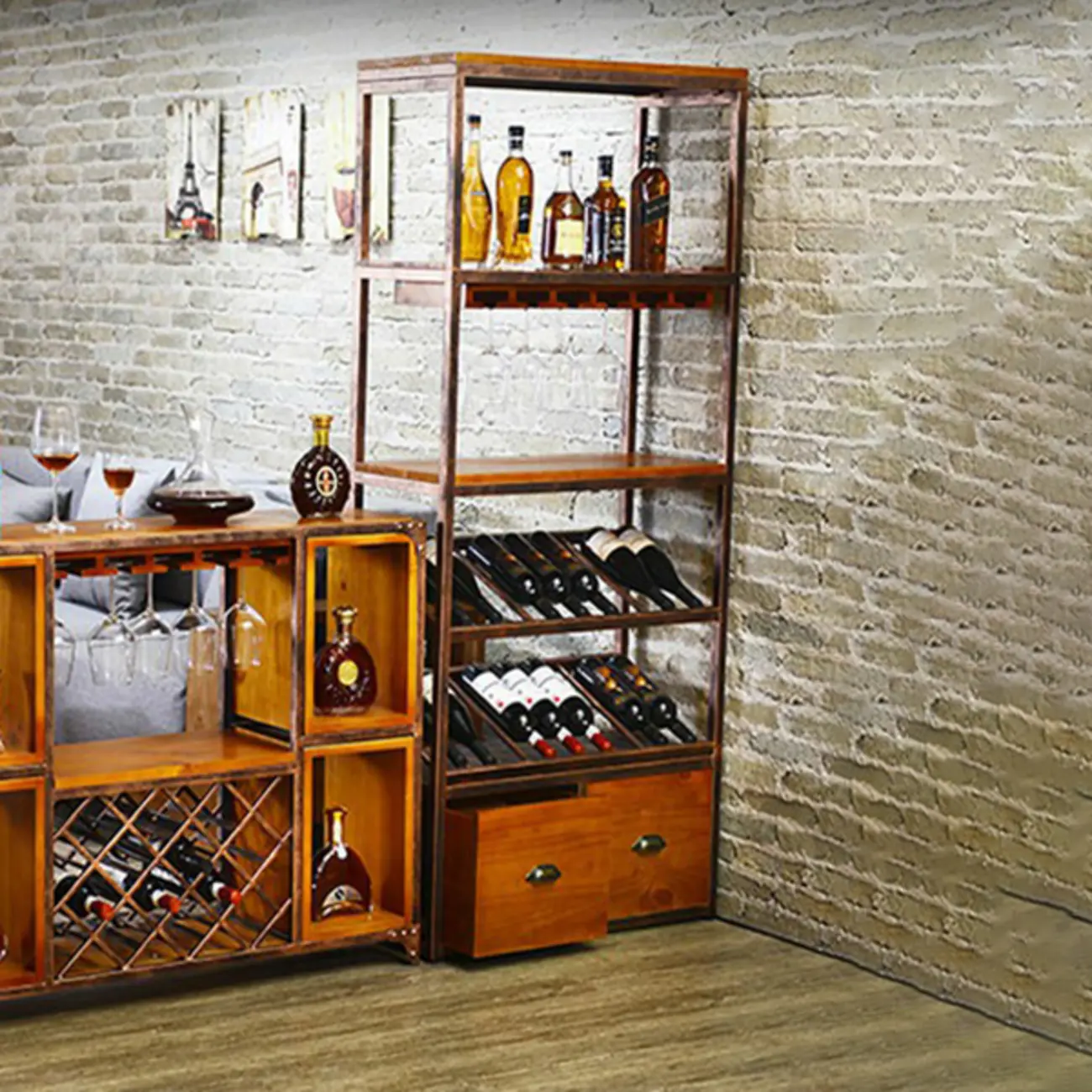 Industrial Metal Wine Rack Floor Design for Bottles & Glasses Image - 4 | homeyfad