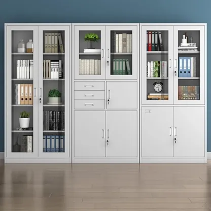 Traditional White Steel Filing Cabinets with Glass Doors and Locks Image - 1