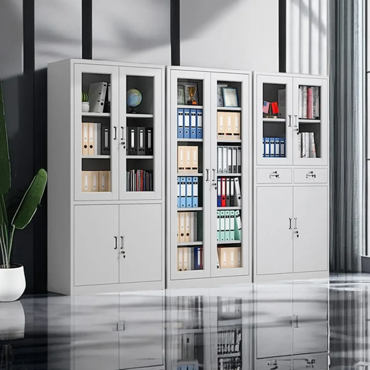 Traditional White Steel Filing Cabinets with Glass Doors and Locks Image - 6