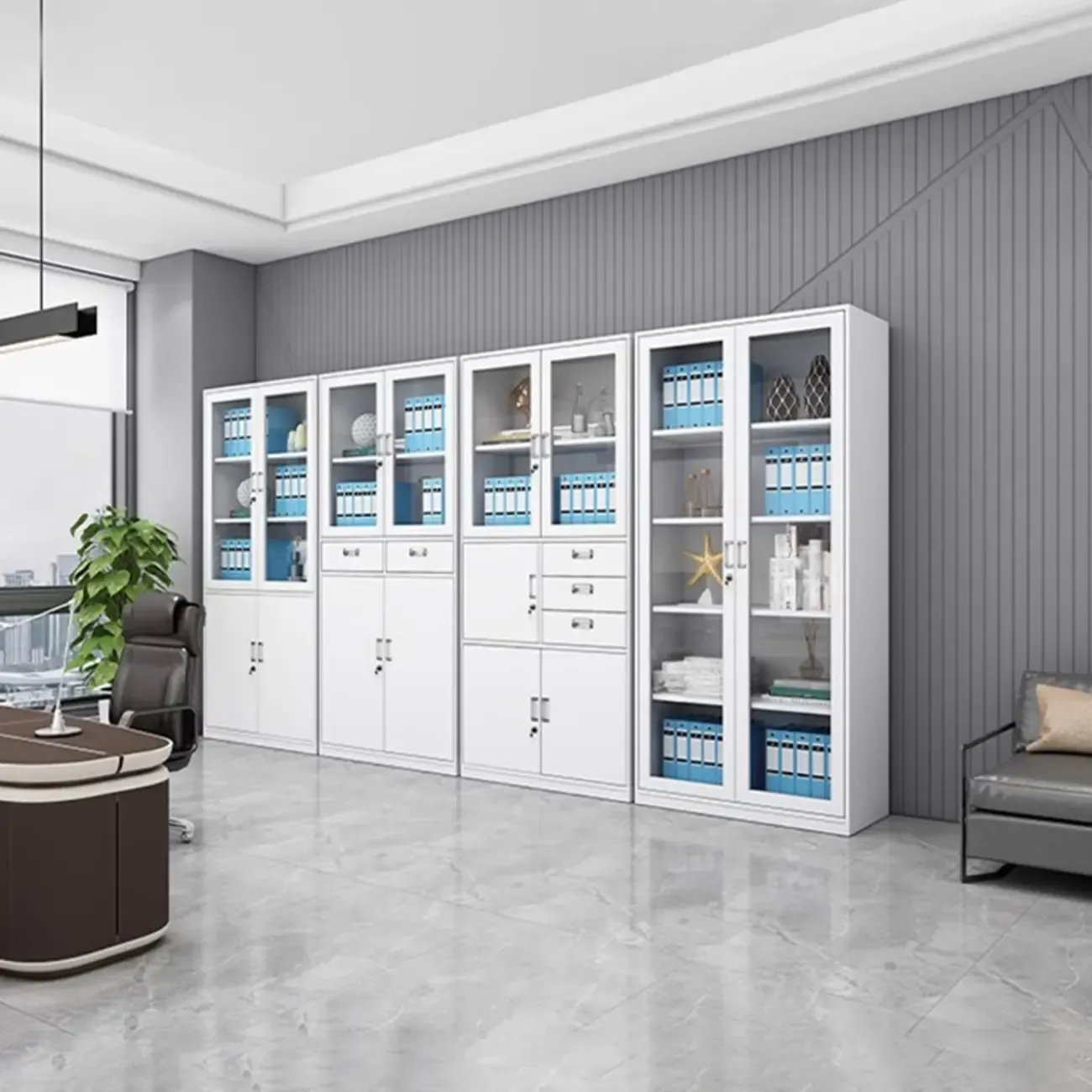Traditional White Steel Filing Cabinets with Glass Doors and Locks Image - 7