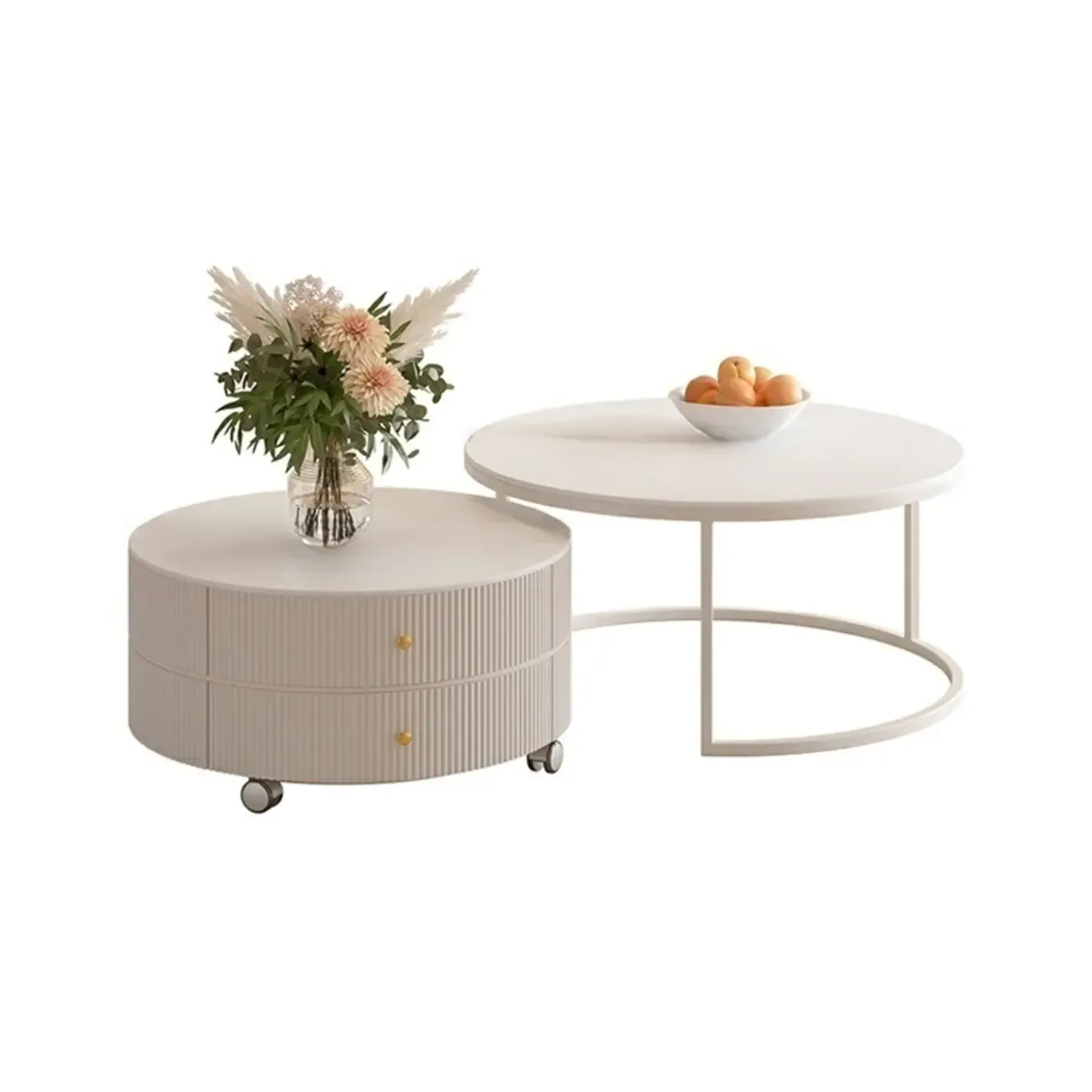 White Round Wheeled Round Wood Drawer Coffee Table Image - 9