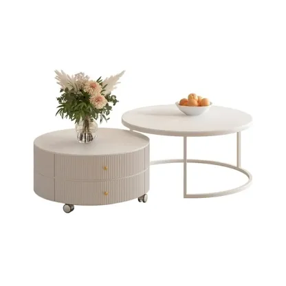 White Round Wheeled Round Wood Drawer Coffee Table Image - 9