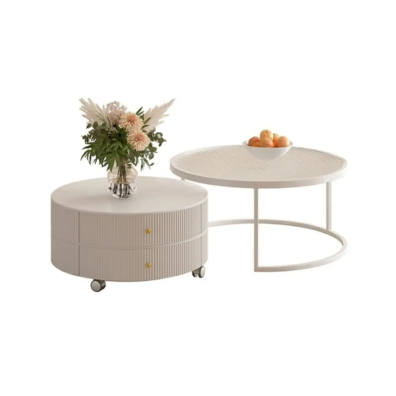 White Round Wheeled Round Wood Drawer Coffee Table Image - 10