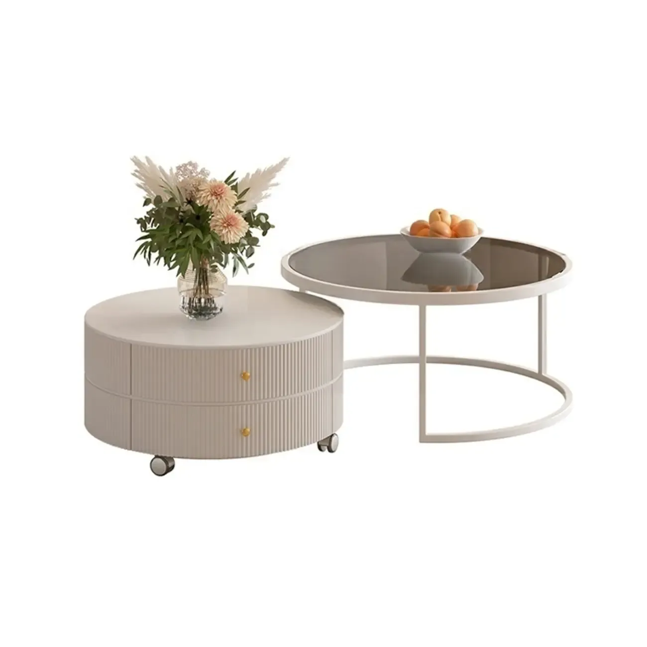 White Round Wheeled Round Wood Drawer Coffee Table Image - 11