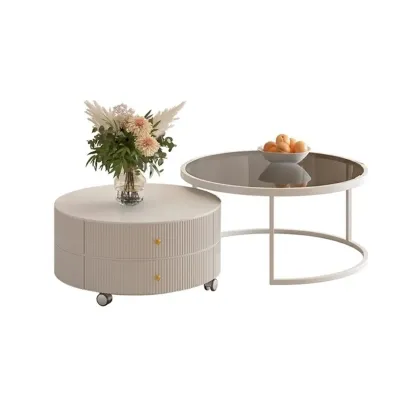 White Round Wheeled Round Wood Drawer Coffee Table Image - 11