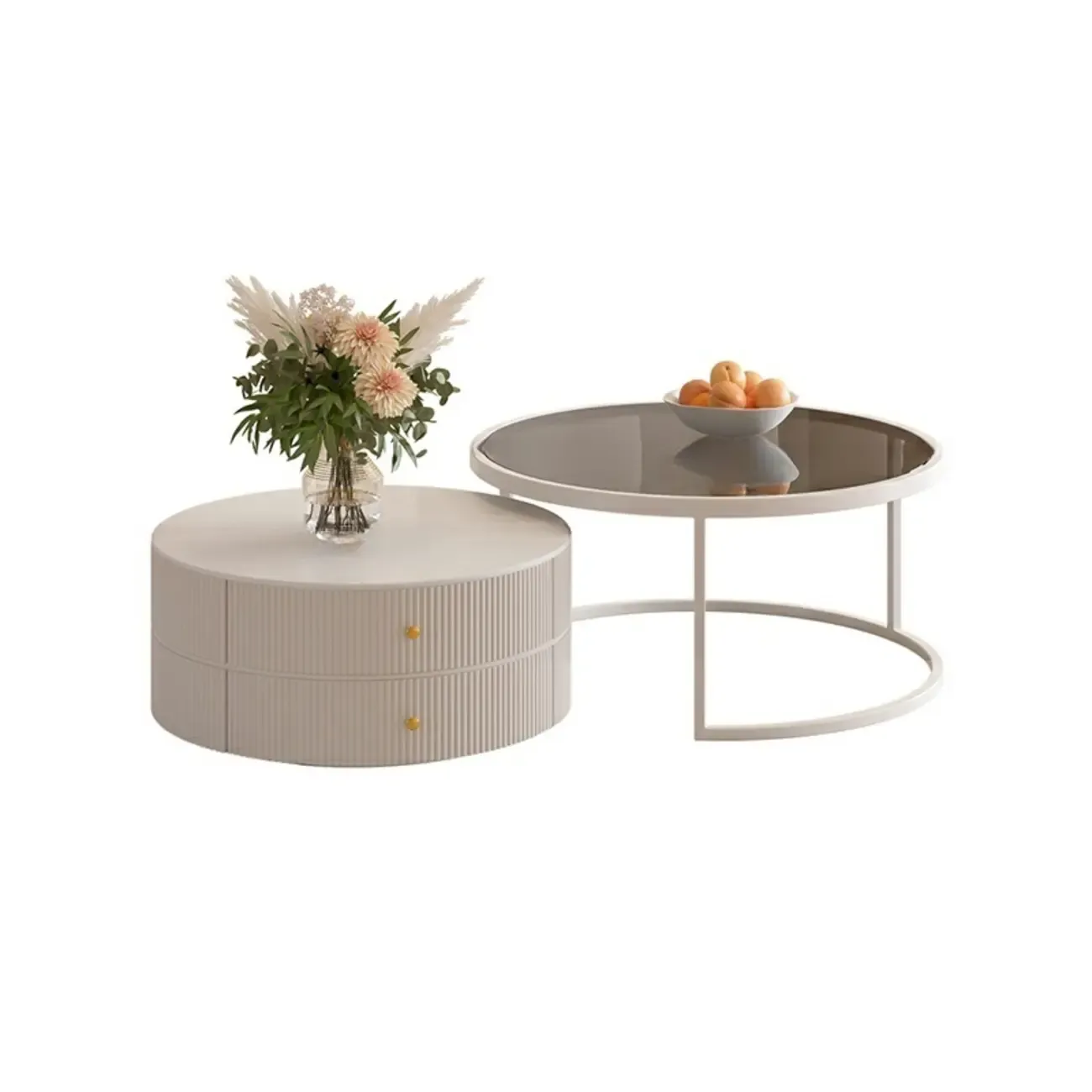 White Round Wheeled Round Wood Drawer Coffee Table Image - 12