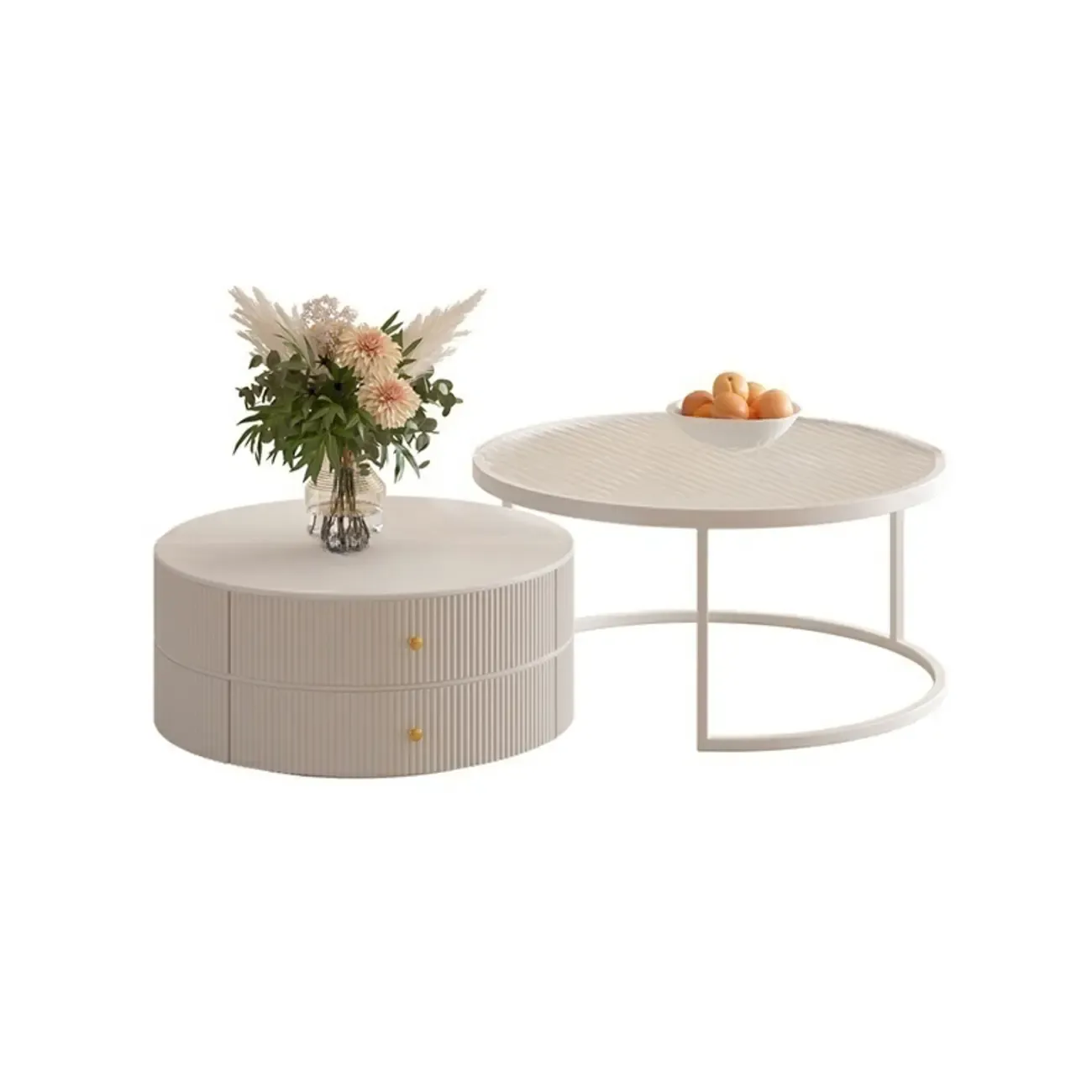 White Round Wheeled Round Wood Drawer Coffee Table Image - 13