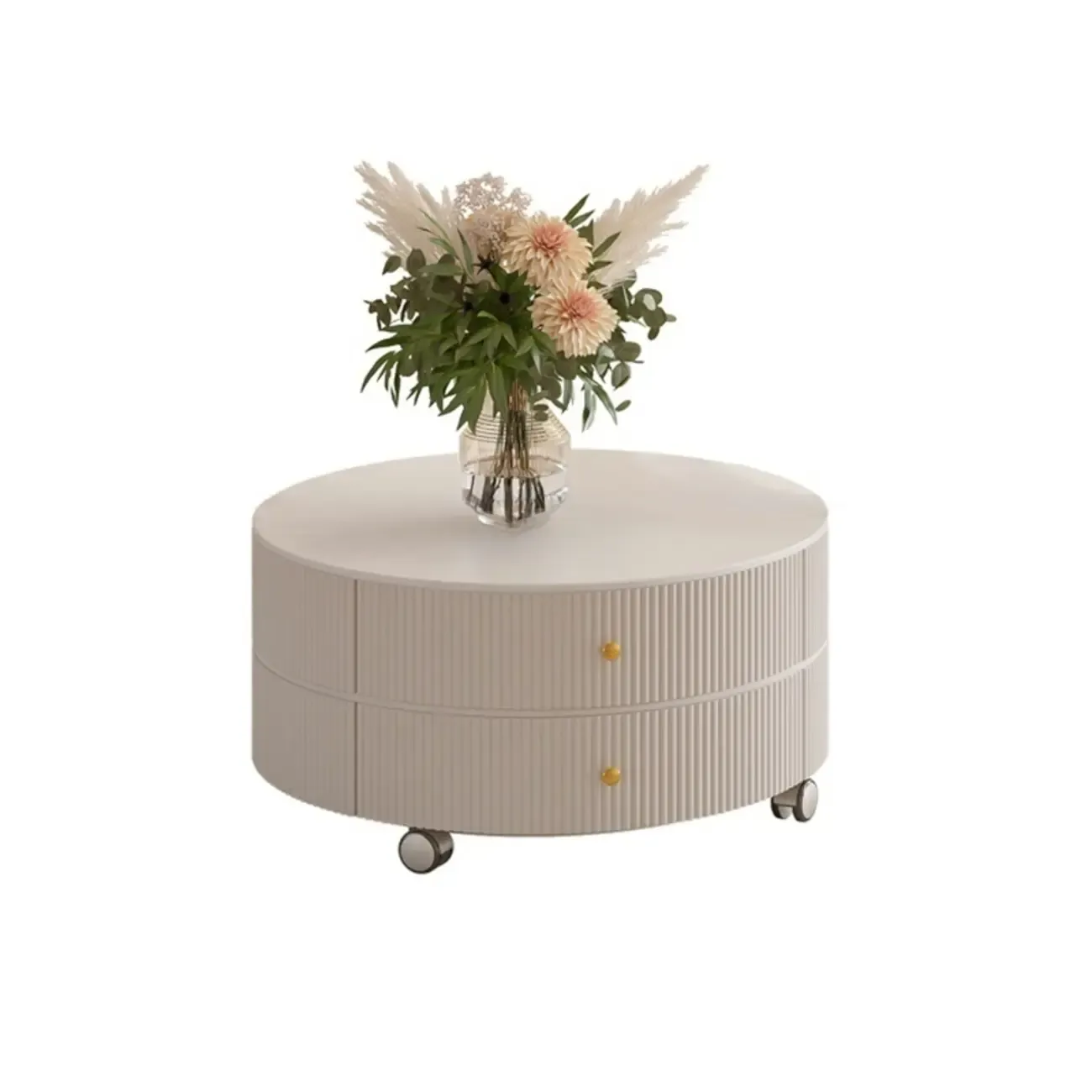 White Round Wheeled Round Wood Drawer Coffee Table Image - 14