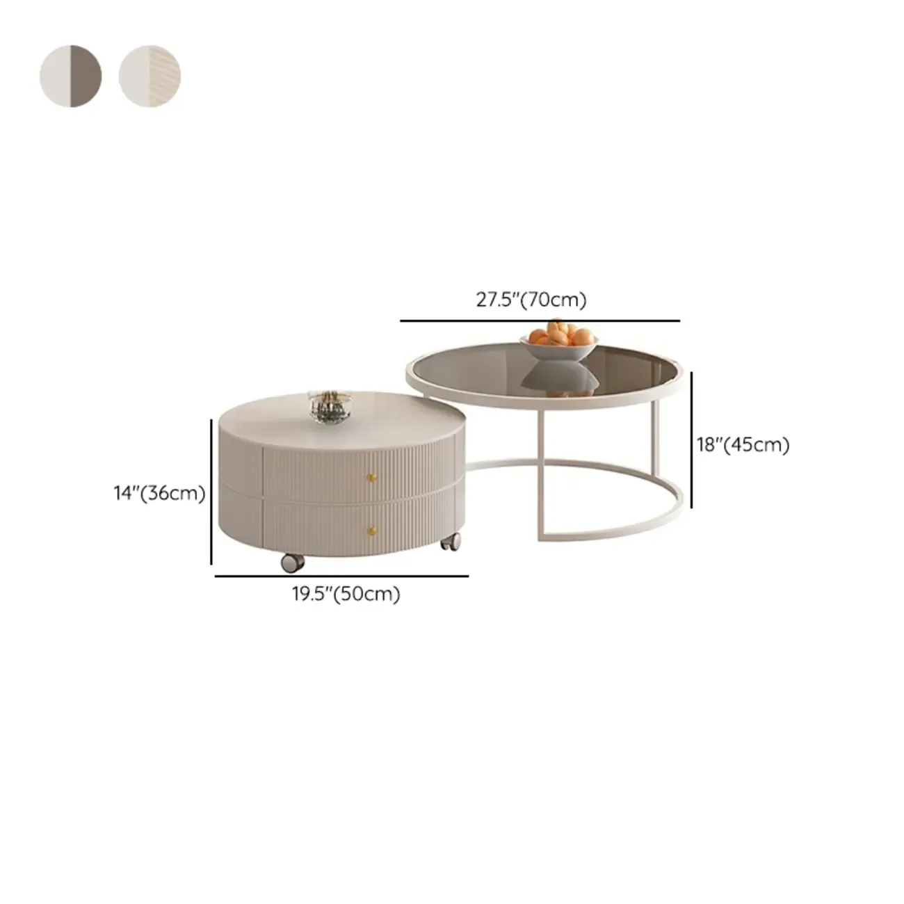 White Round Wheeled Round Wood Drawer Coffee Table Image - 20