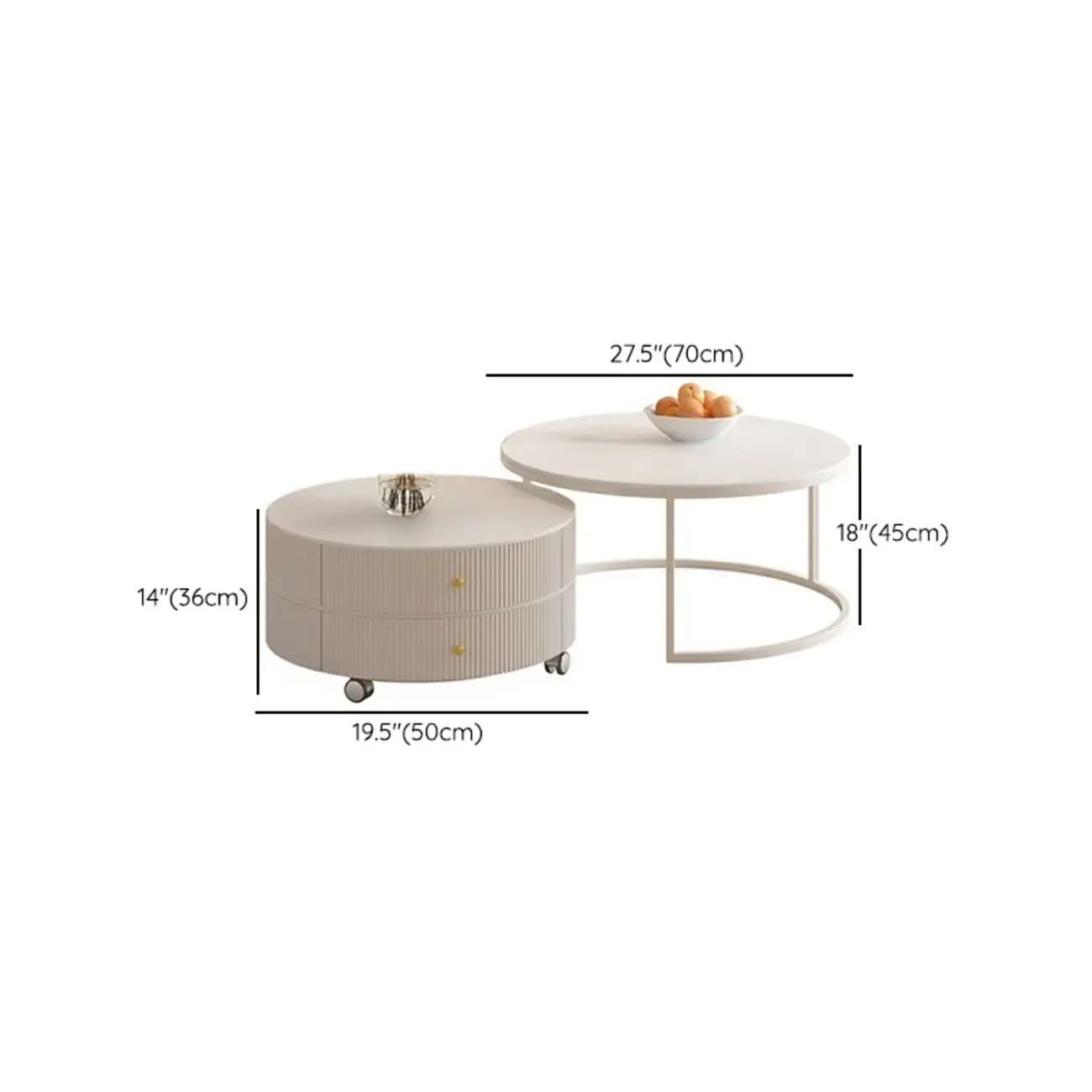 White Round Wheeled Round Wood Drawer Coffee Table Image - 21