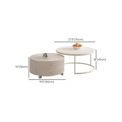 White Round Wheeled Round Wood Drawer Coffee Table Image - 21