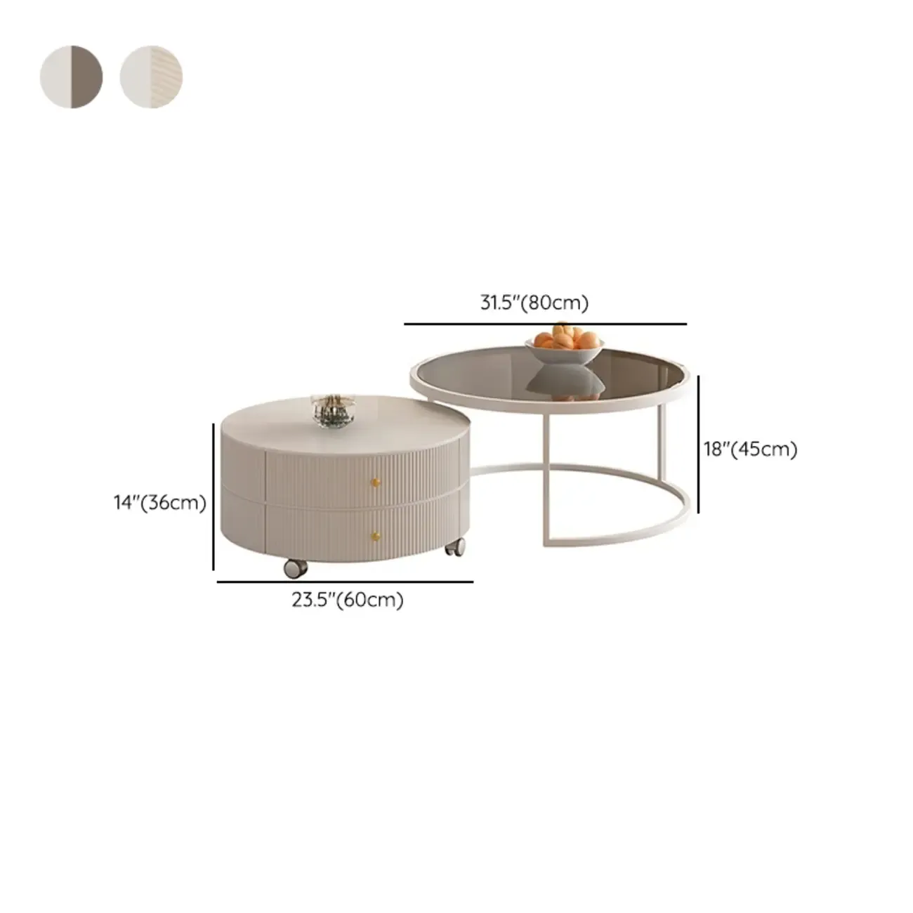 White Round Wheeled Round Wood Drawer Coffee Table Image - 22