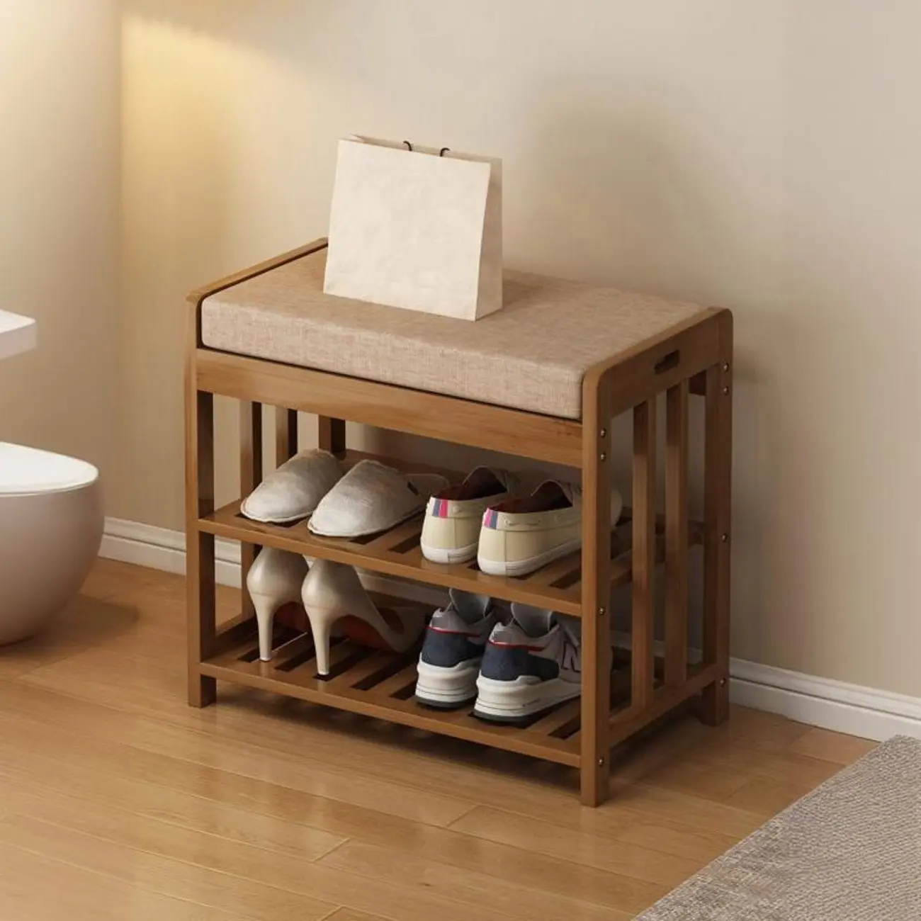 Traditional Brown Bamboo Entryway Shoe Storage Bench Image - 2 | homeyfad