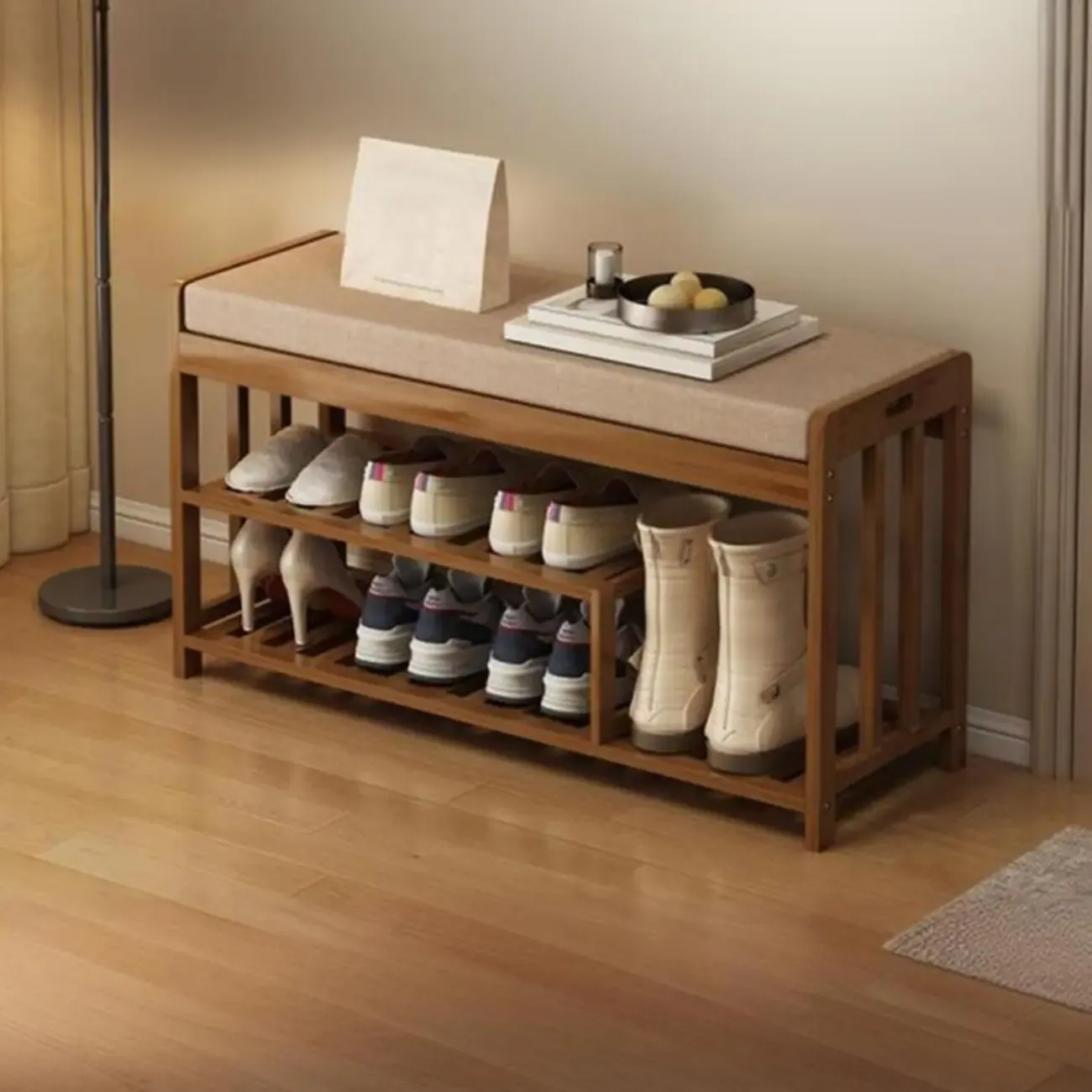 Classic Brown Bamboo Cushioned Shoe Storage Bench Image - 6