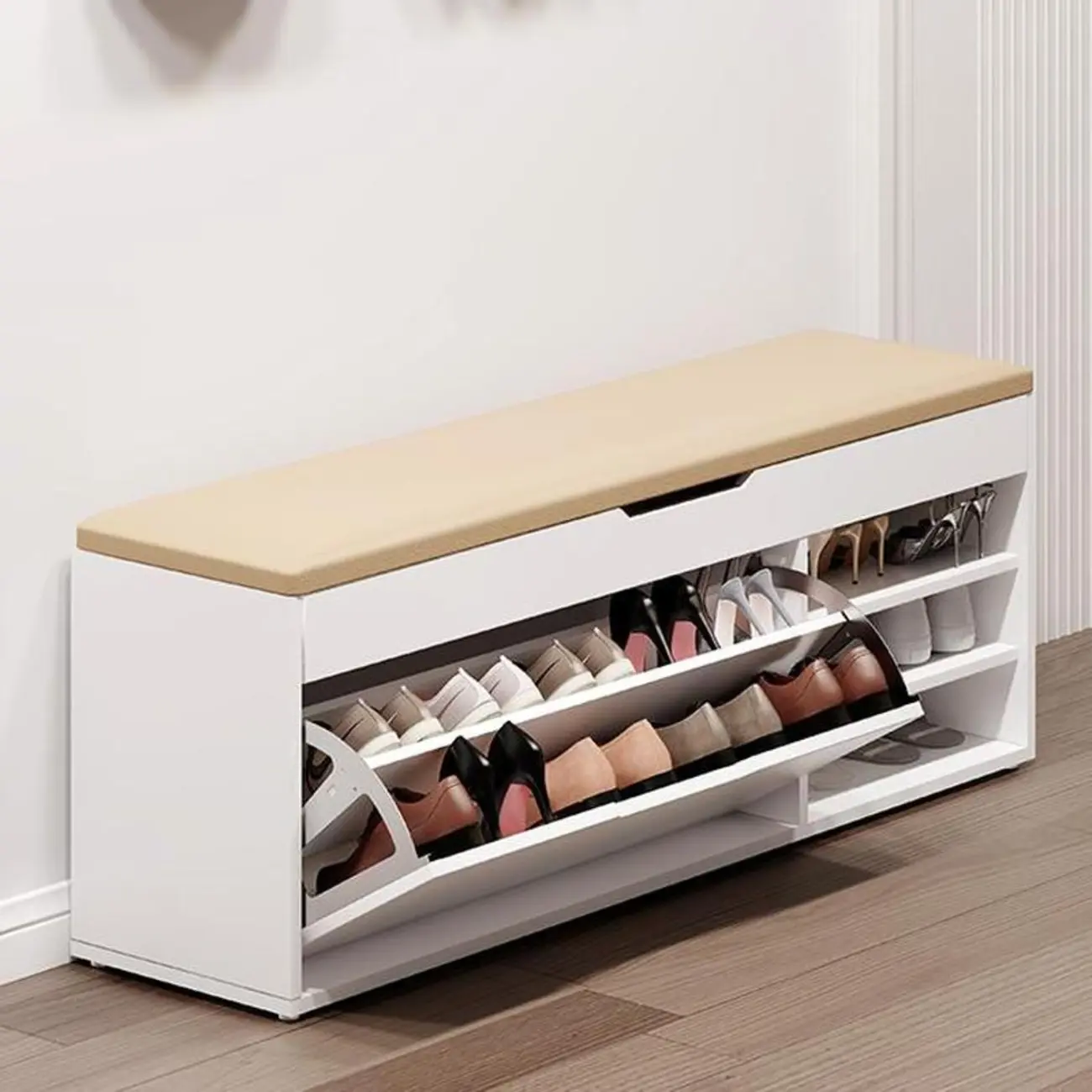 Entryway White Wooden Shoe Storage Bench with Flip-Top Image - 1 | homeyfad