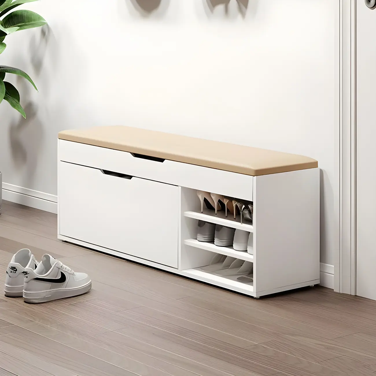 Entryway White Wooden Shoe Storage Bench with Flip-Top Image - 2 | homeyfad